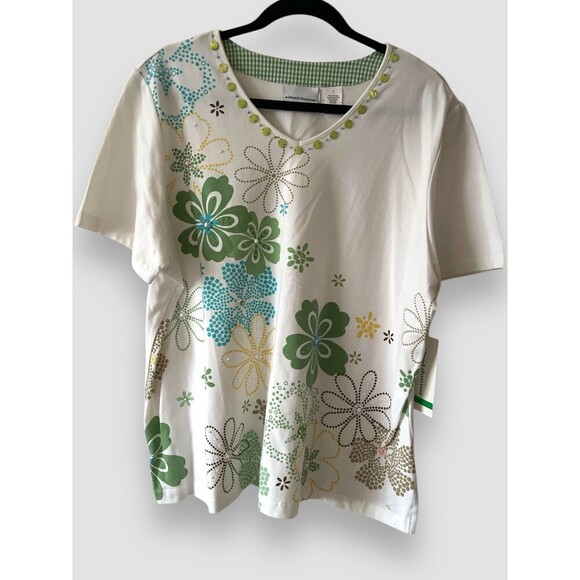 Alfred Dunner T-Shirt Women’s L Blue Green Floral Embellished Casual Top NWT - Picture 1 of 7